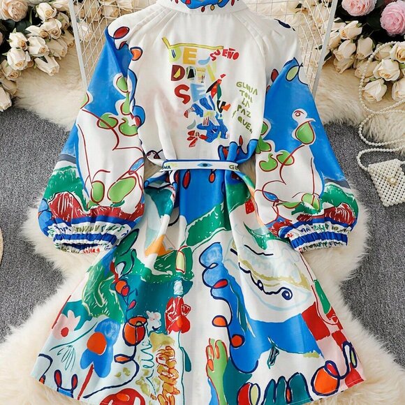 Multicolor Bohemian Women's Casual Printed Shirt Cardigan Tie Dress - Picture 4 of 6